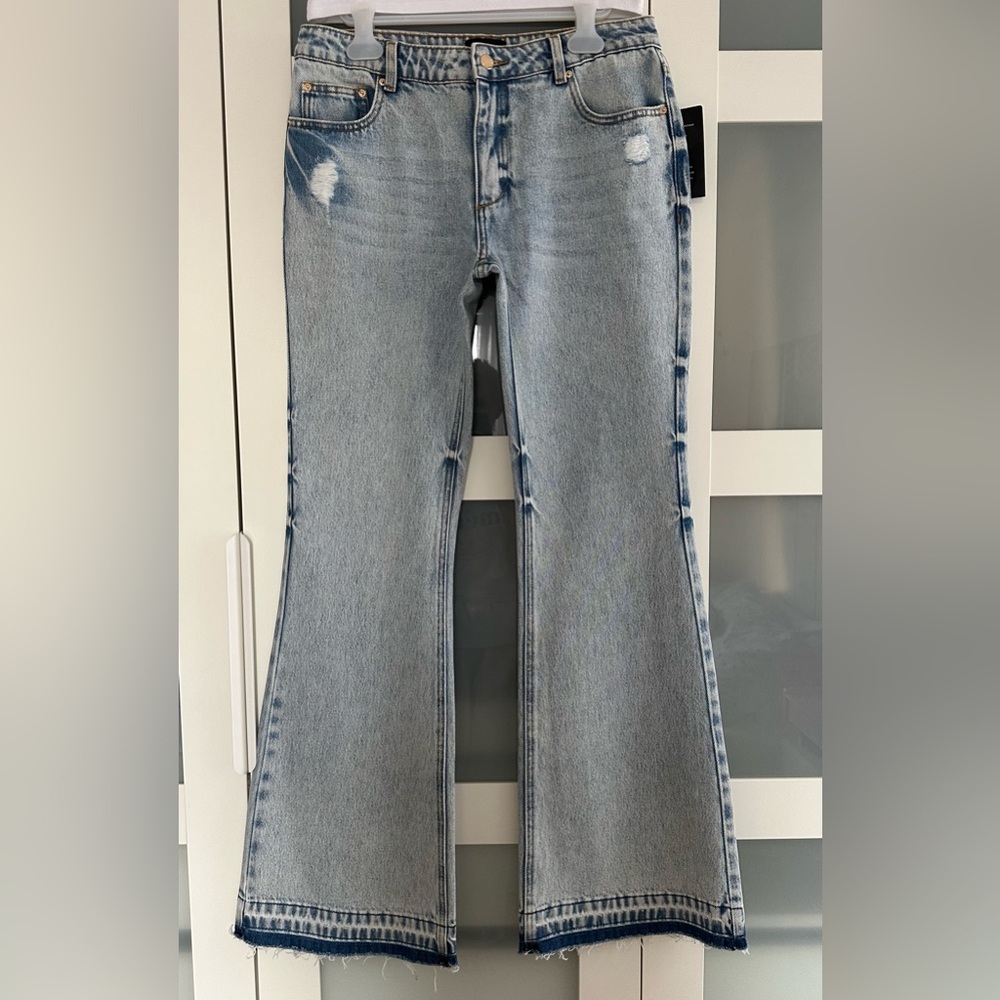 Retrofete . High Rise Flare Light Wash Denim Jeans - Light Blue. Size 28. Tall